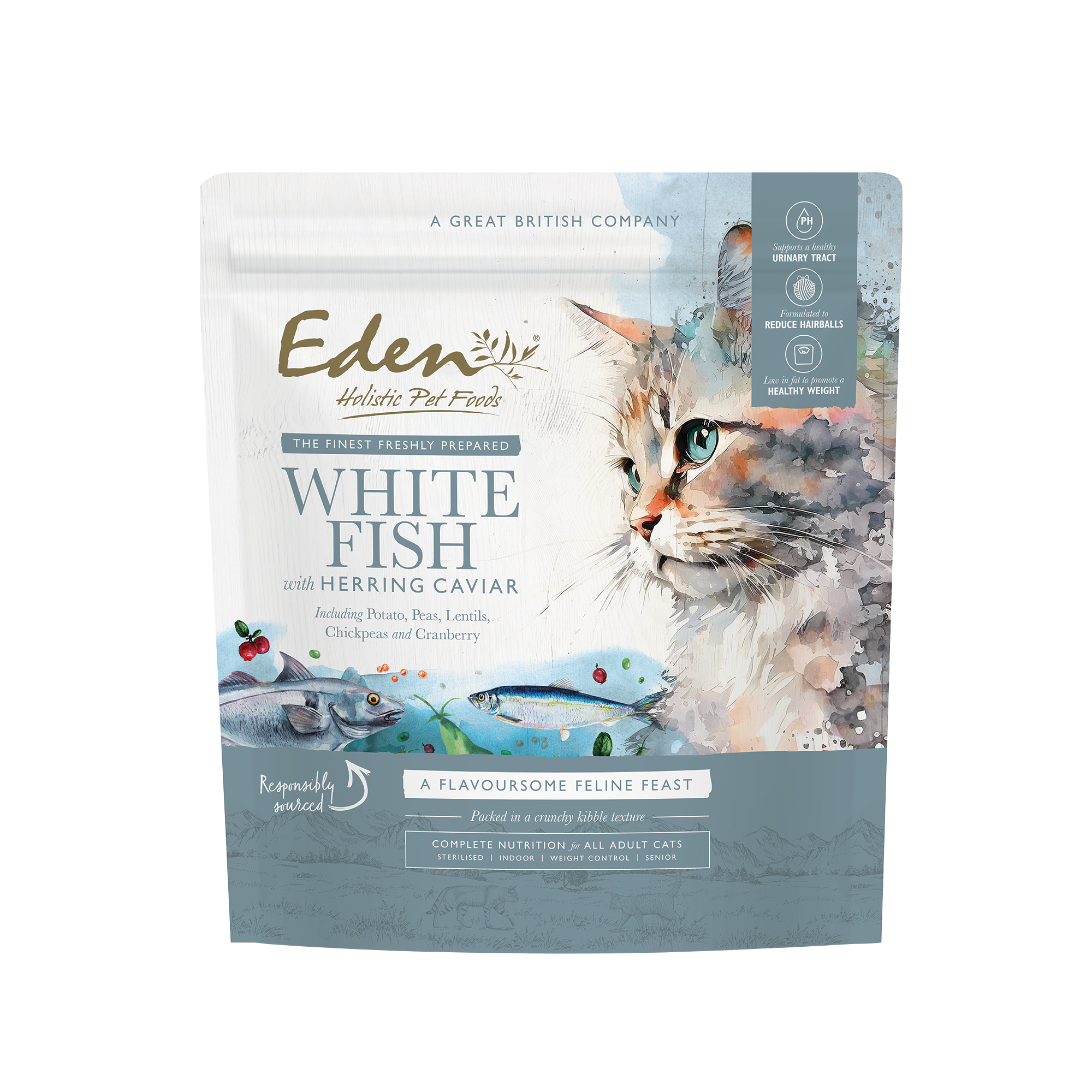 Eden Eden White Caviar Herring Adult Dry Cat Food pet food packaging
